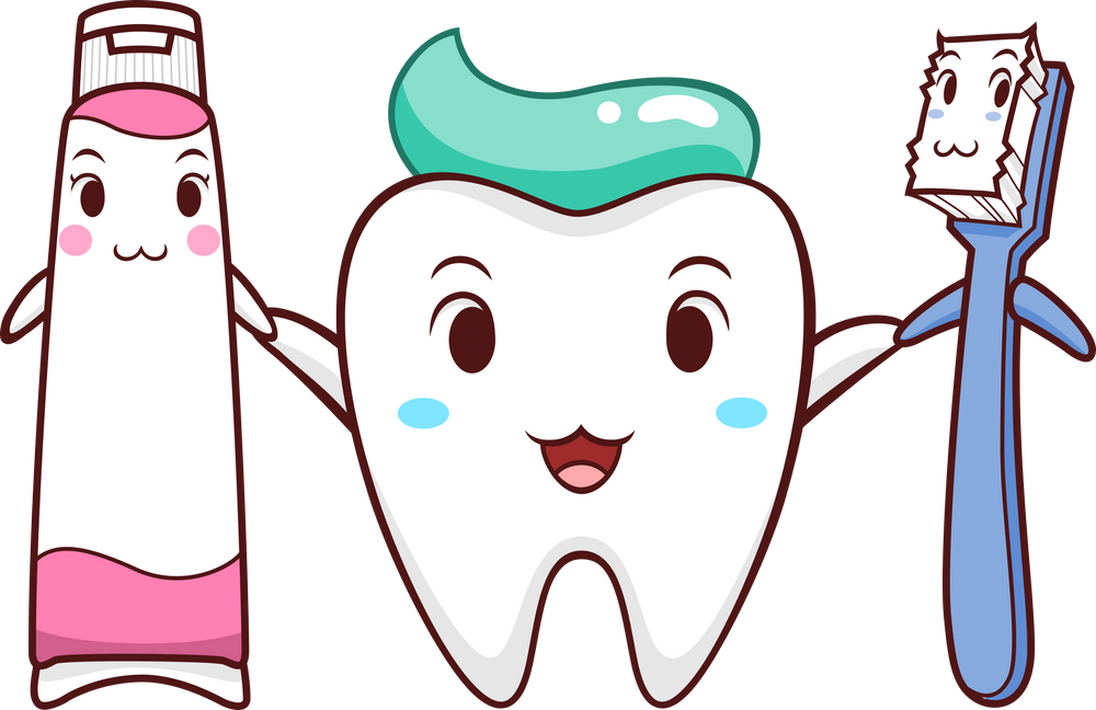 Cartoon illustration of tooth, toothbrush and toothpaste.